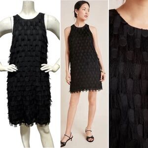 ANTHROPOLOGIE Roxie Textured Fringe Feather Look Black ALine Shift Dress LBD 8 6